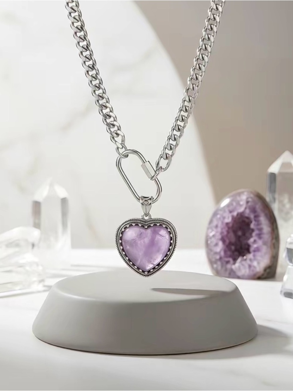 Silver Chain Necklace with Purple Heart Pendant